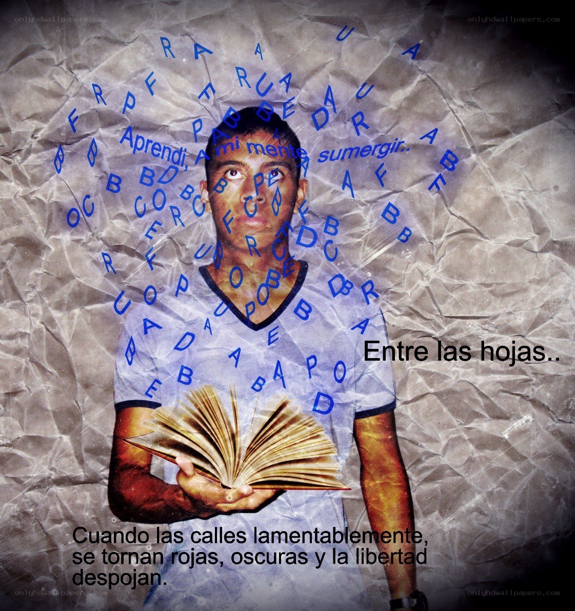 Man with book and text