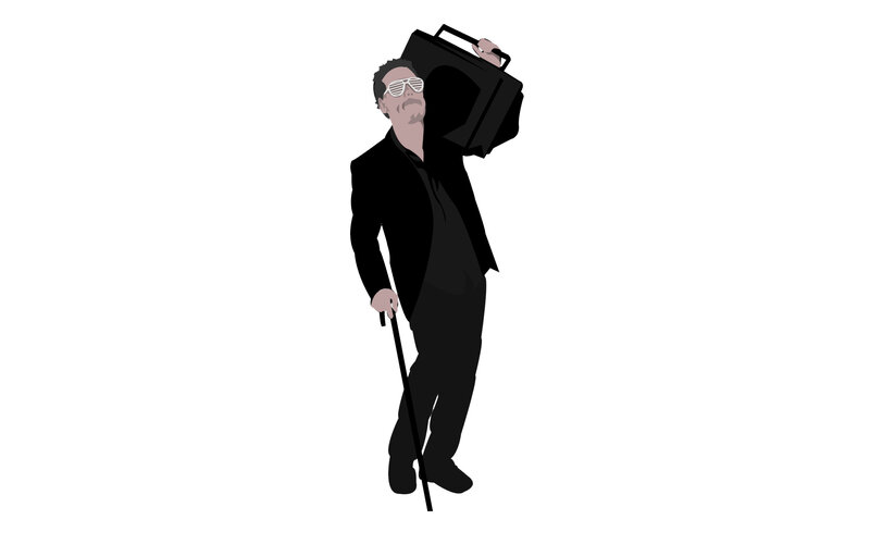 man with boombox and cane