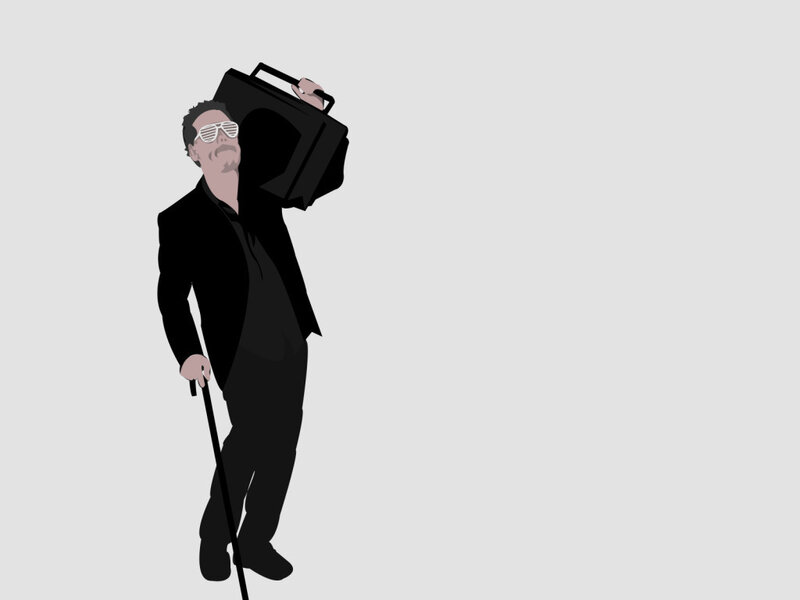 man with boombox and cane