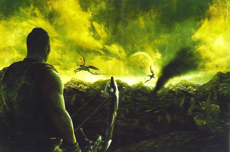 man with bow on alien planet