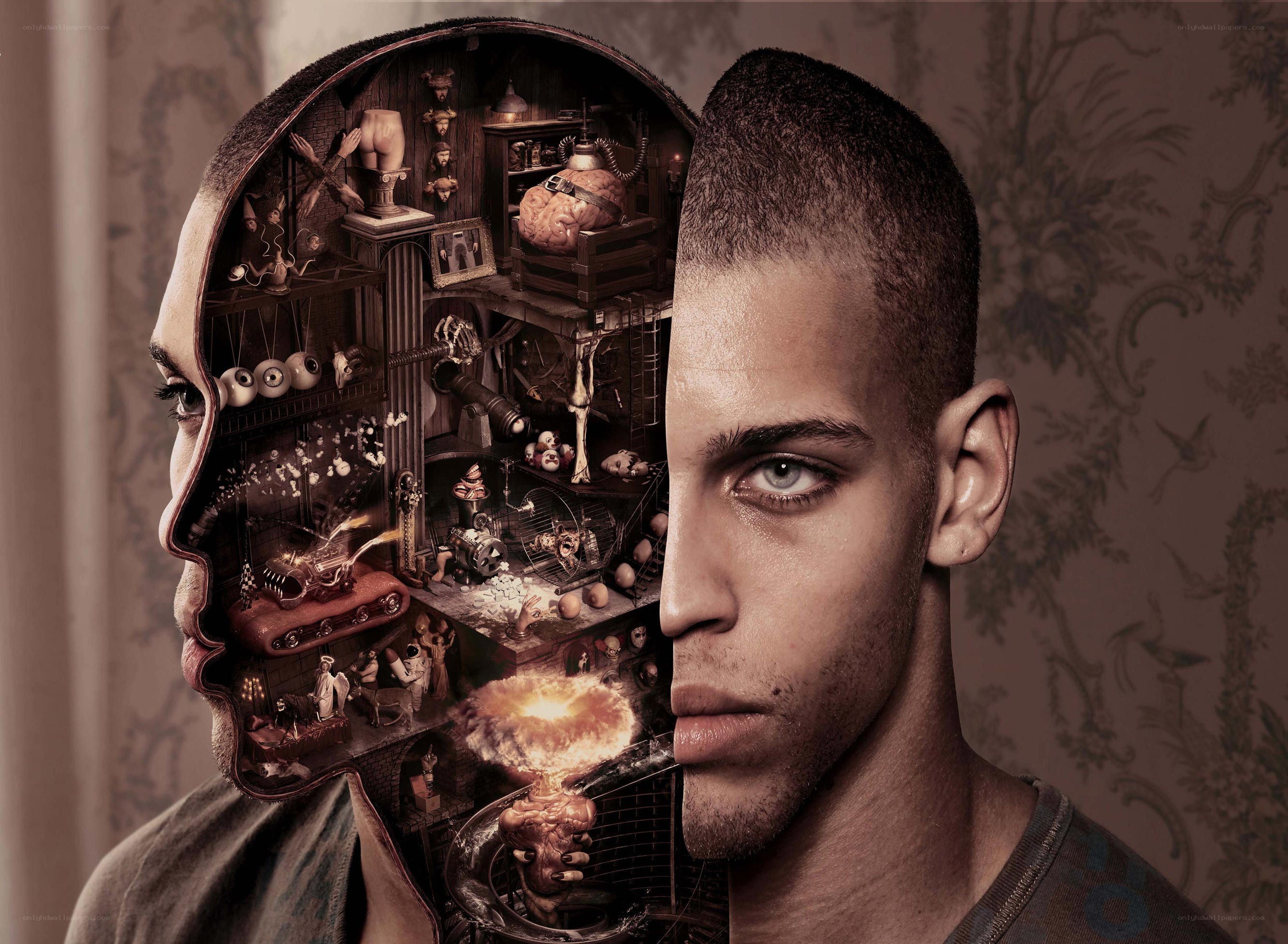 man with brain interior