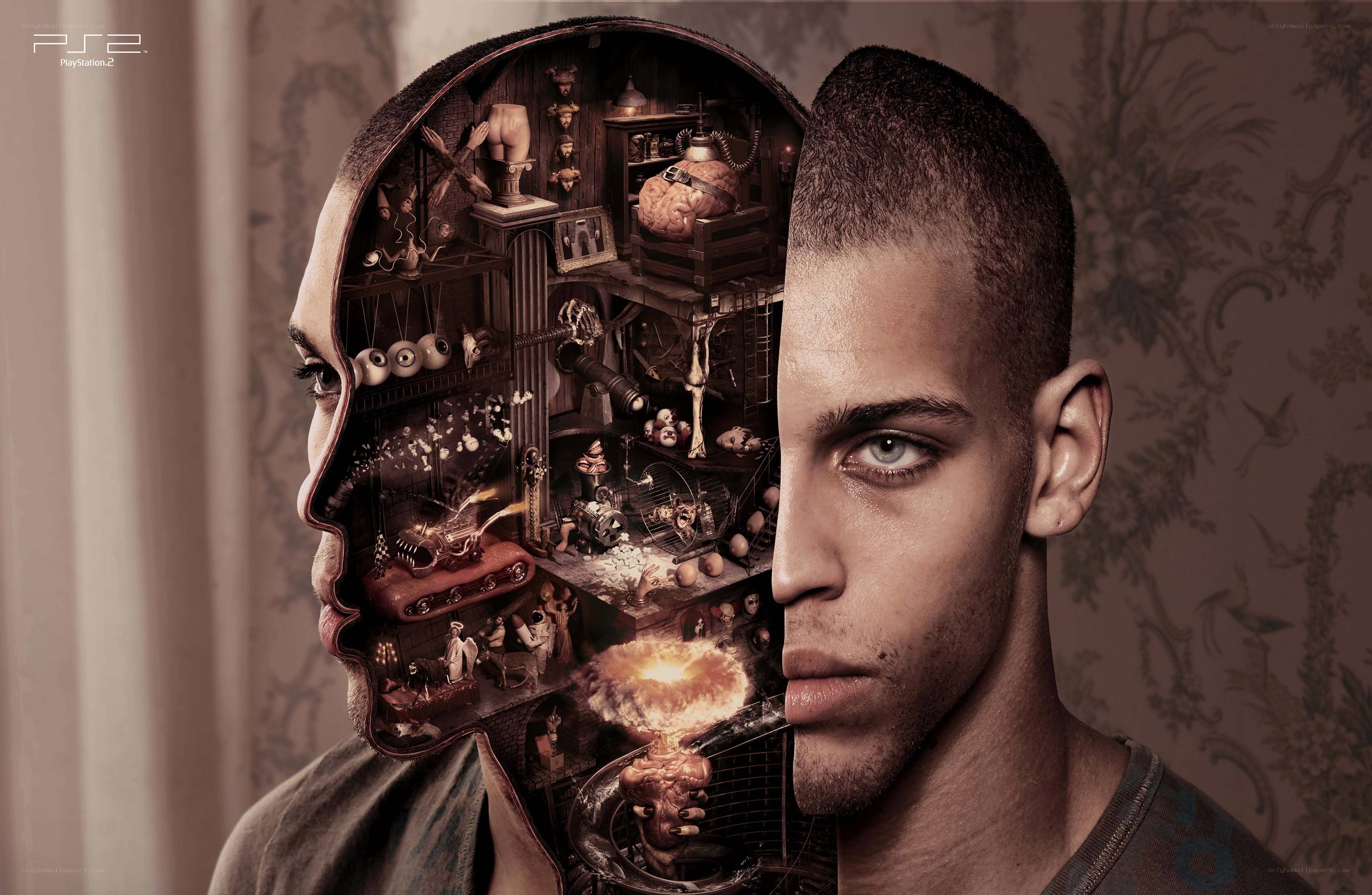 man with brain interior