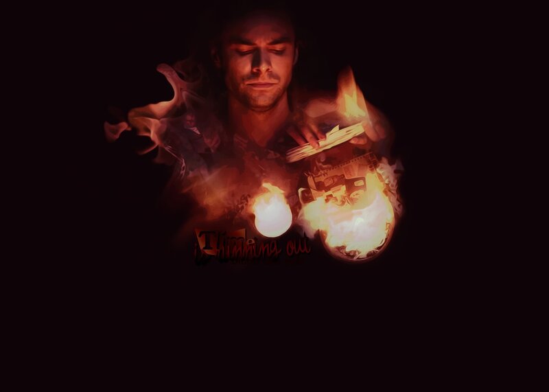 man with burning objects