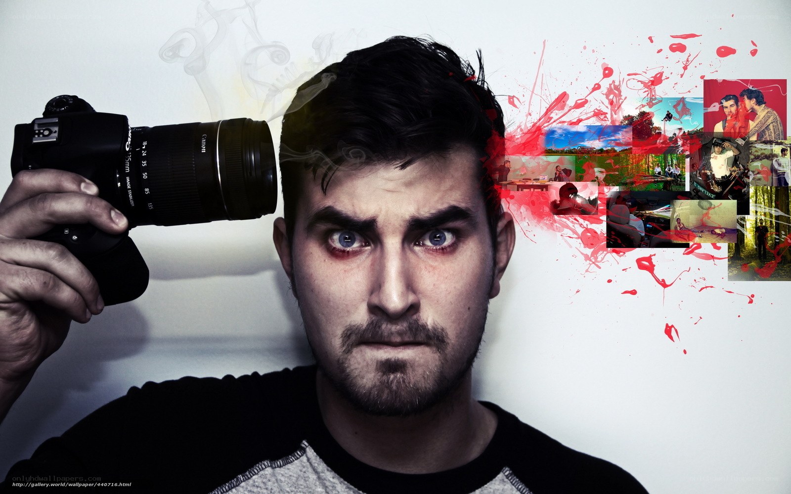 man with camera and photo collage