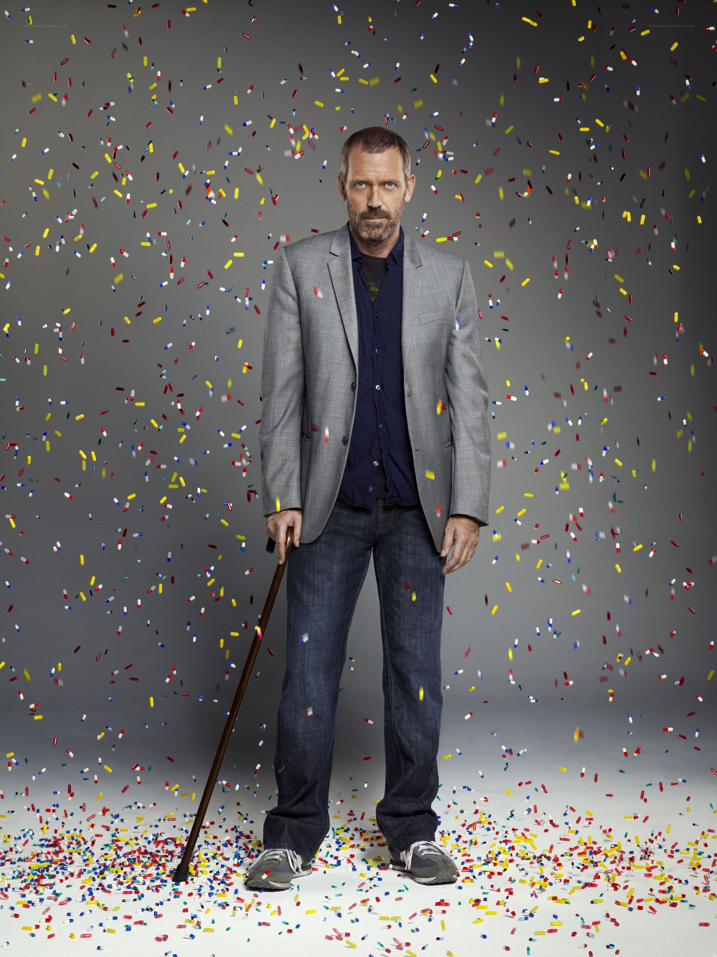 man with cane and confetti