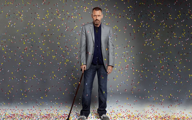 man with cane and confetti