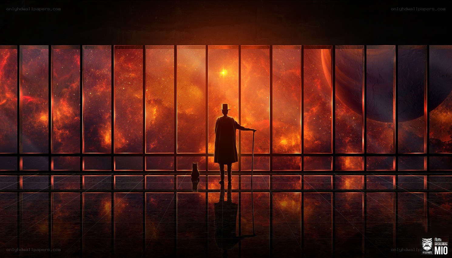 Man with cane in space hall