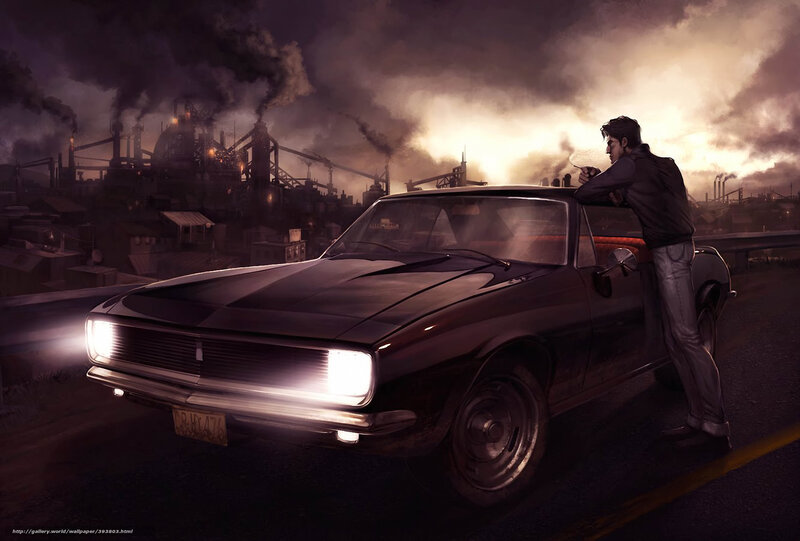 Man with car in industrial city