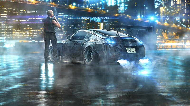 Man with Car on Wet Road