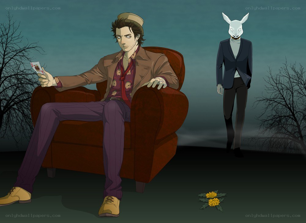 Man with cards and rabbit-masked figure