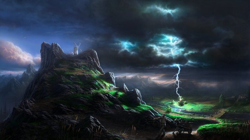 Man with Cart in Storm — Dark Blue