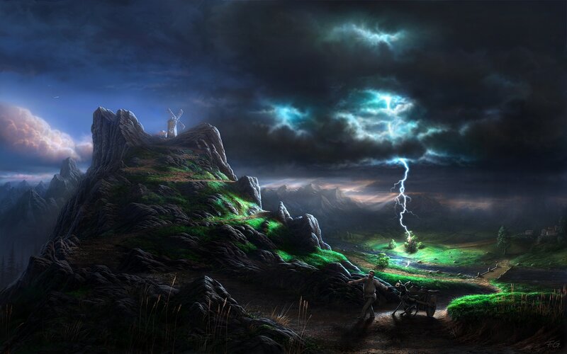 Man with Cart in Storm