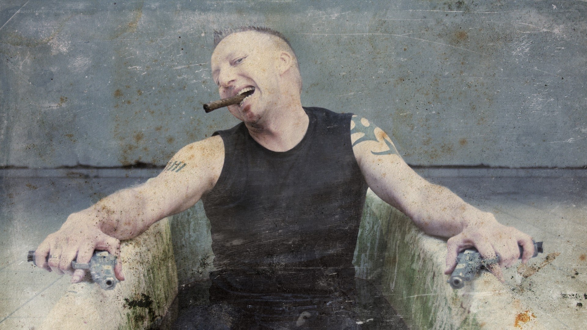 man with cigar and guns