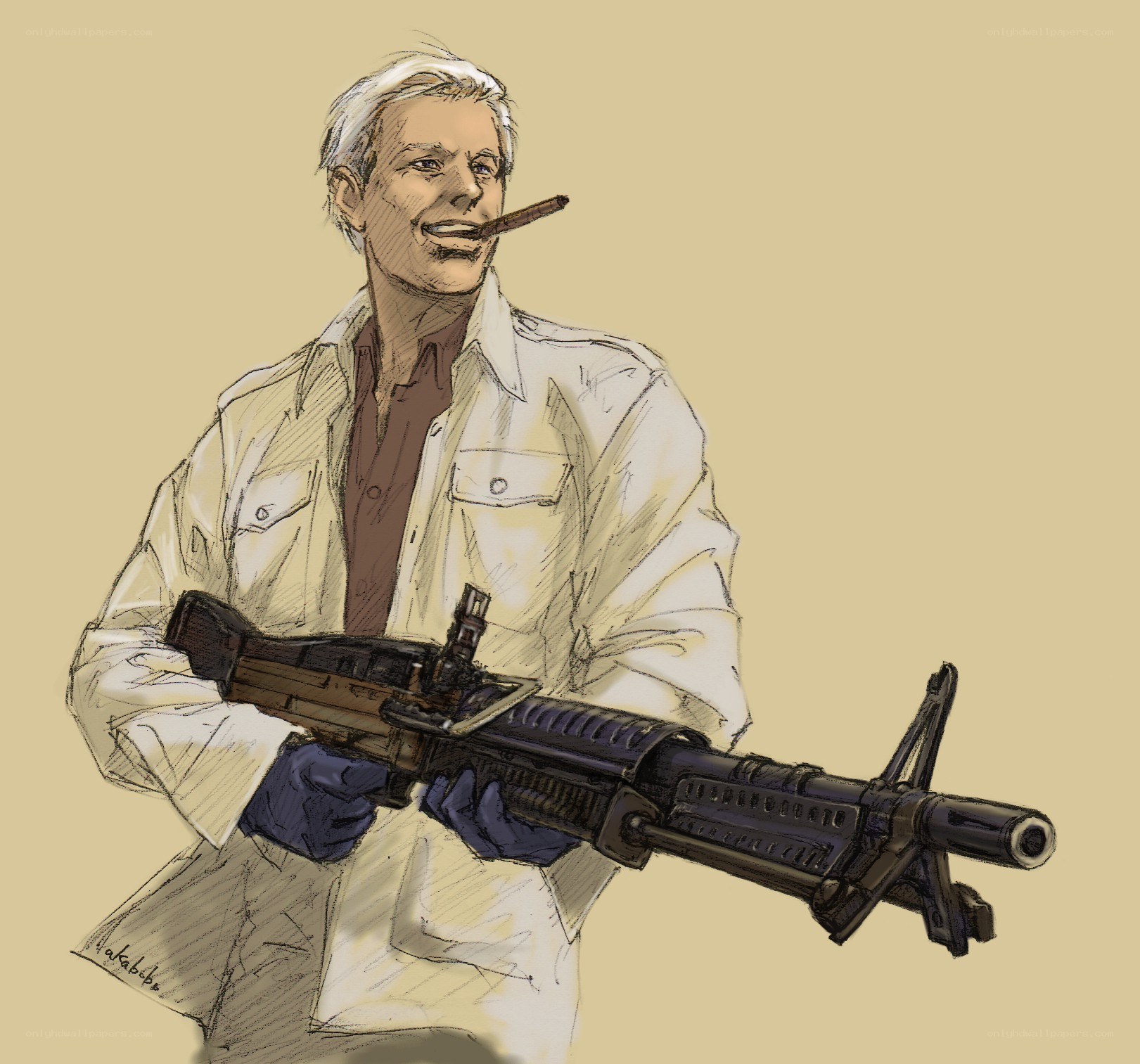 man with cigar and machine gun
