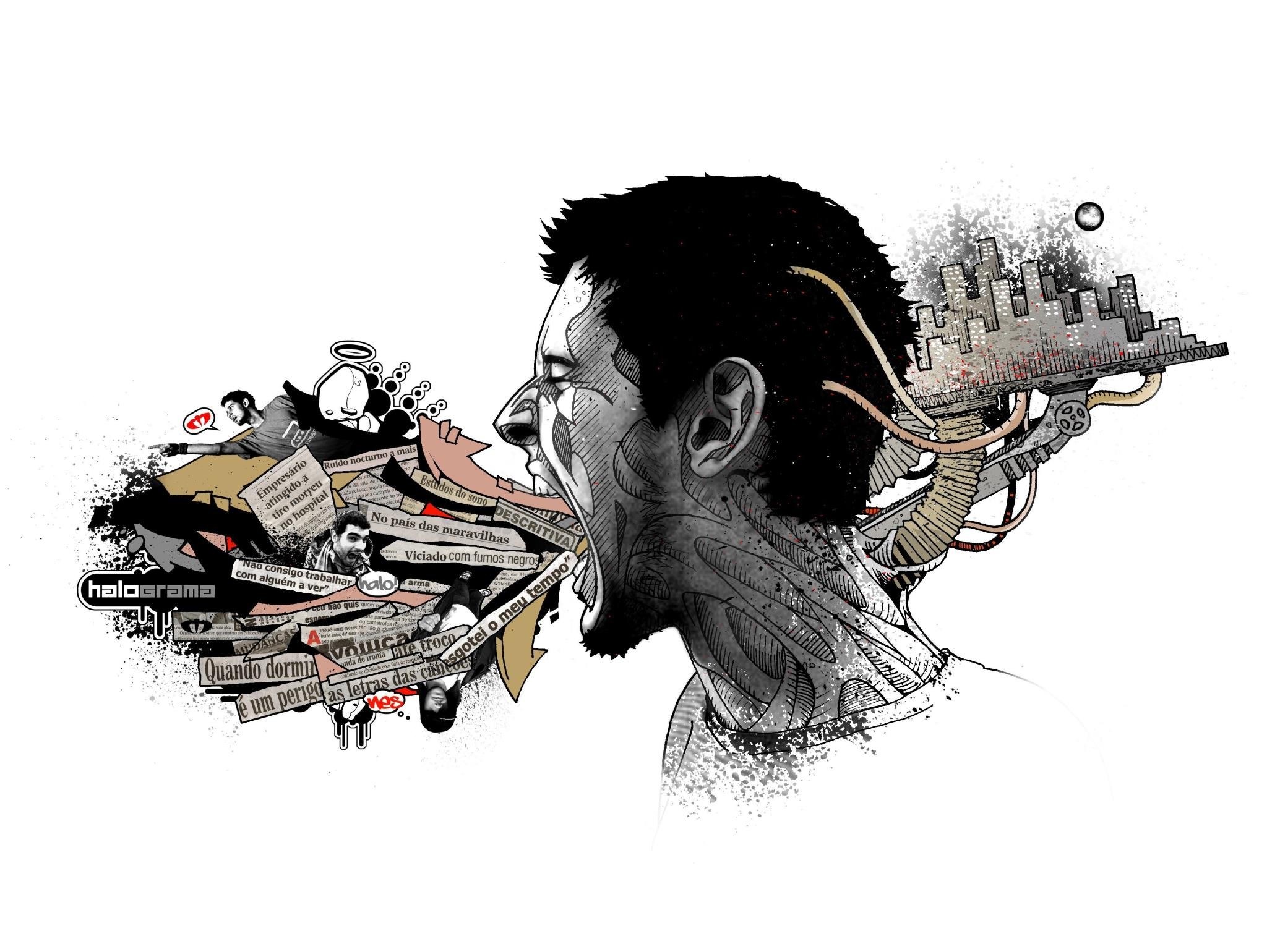 man with city and text collage