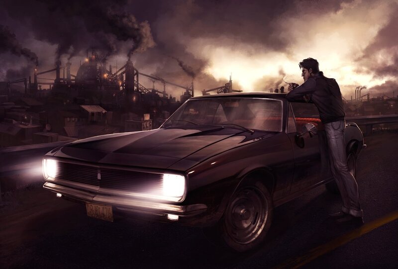 man with classic car at industrial site