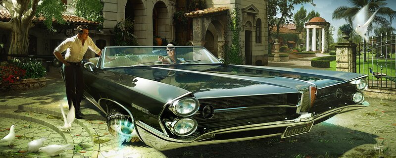 Man with classic convertible car
