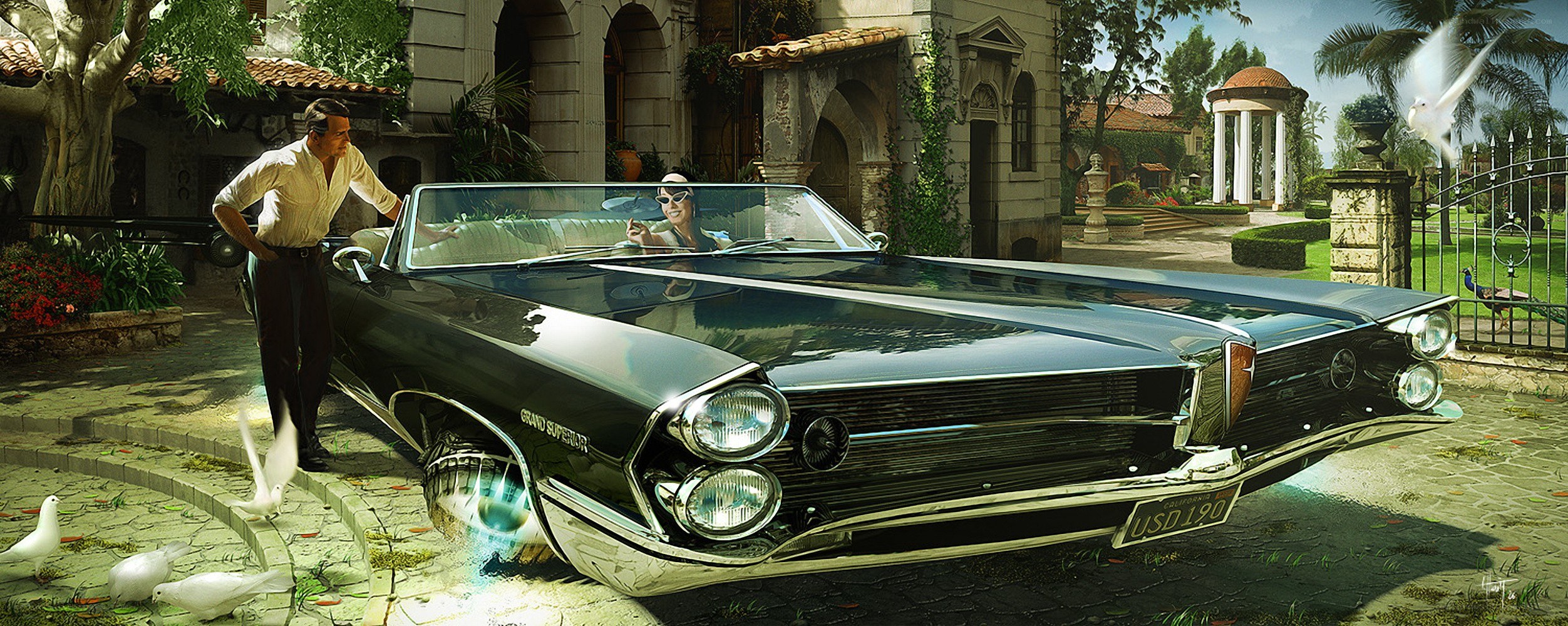 Man with classic convertible car
