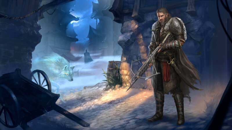 Man with Crossbow and Wolf