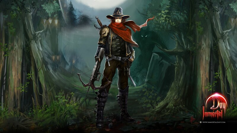 Man with Crossbow in Forest — Green, Dramatic