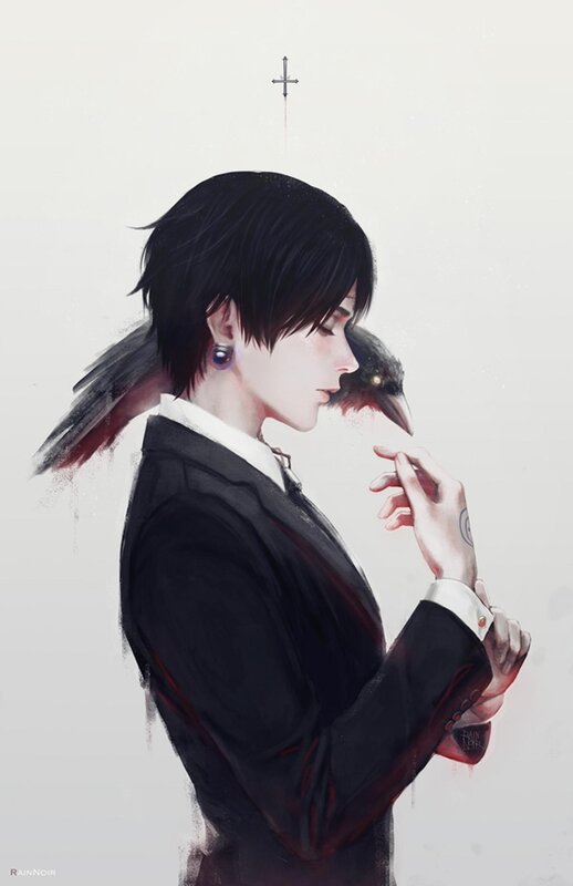 Man with Crow on Shoulder — Black, Dramatic