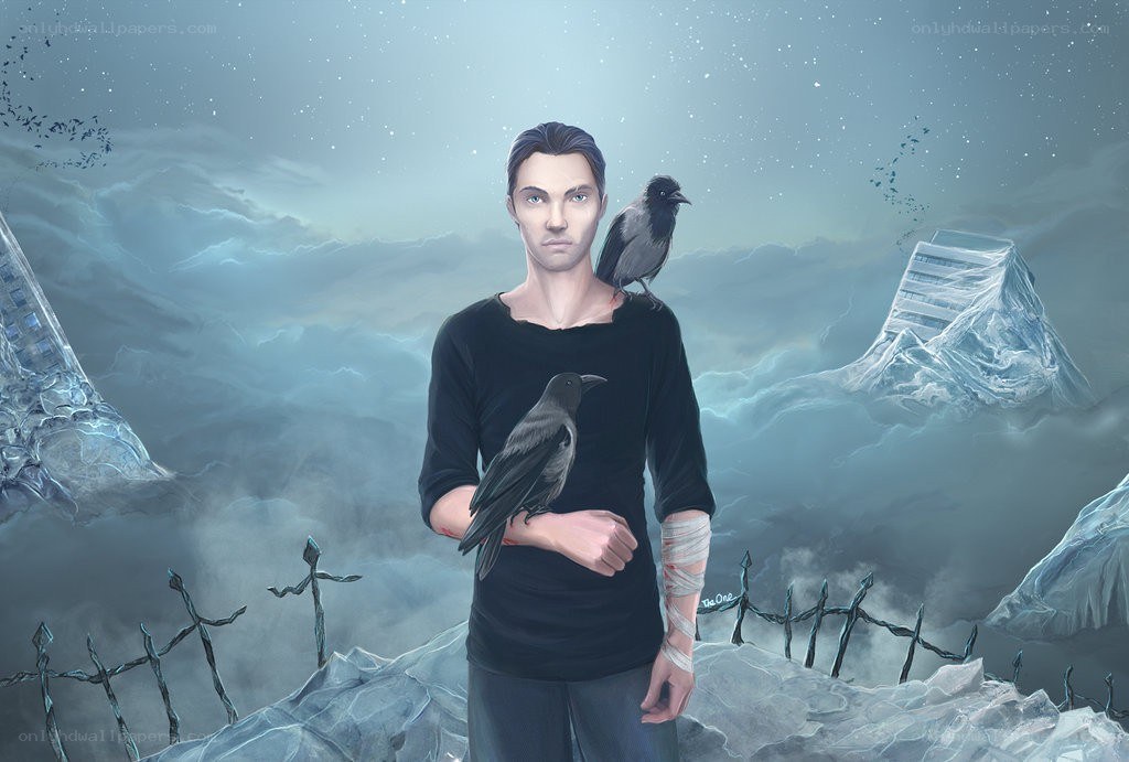 man with crows in a snowy landscape