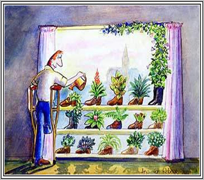 Man with Crutches Watering Plants