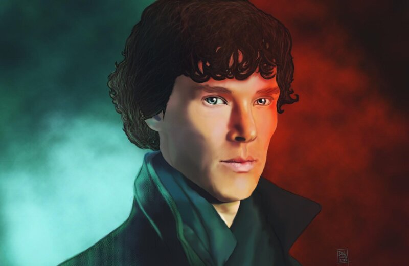 Man with Curly Hair — Green, Dramatic, Digital Art