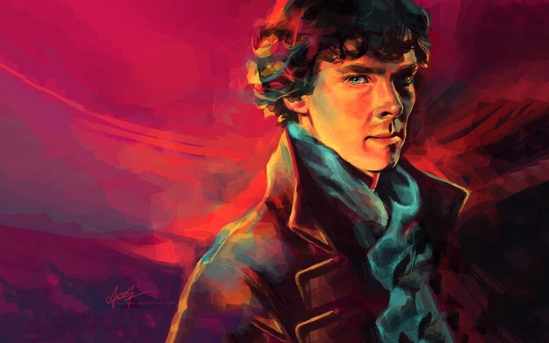 Man with Curly Hair — Red, Dramatic, Digital Art