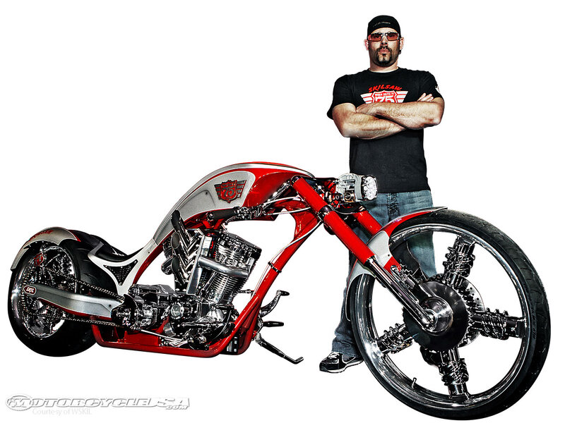 Man with Custom Motorcycle — Red, Confident