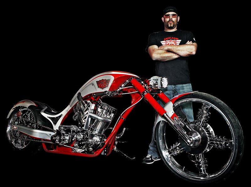 Man with Custom Motorcycle — Red, Dramatic