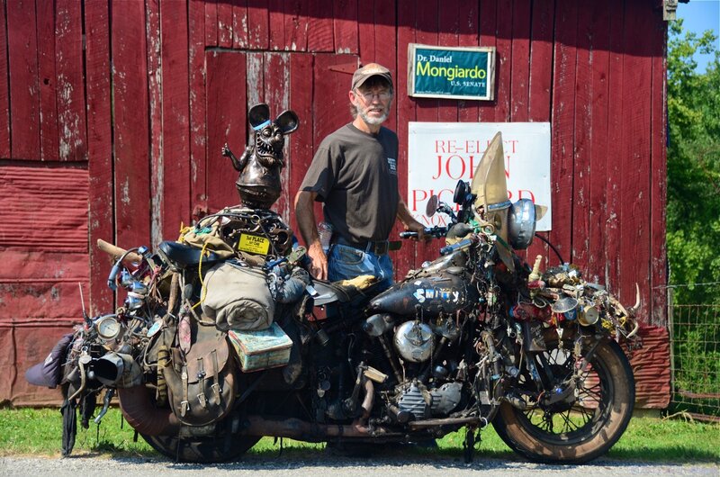 Man with Custom Motorcycle — Red