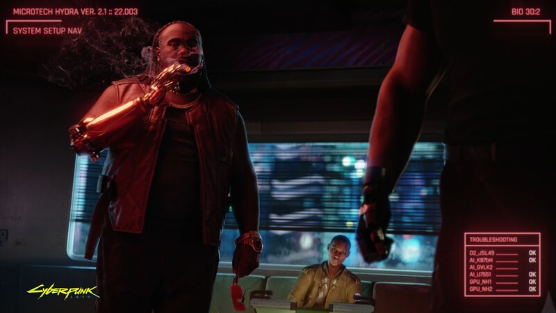Man with Cybernetic Arm — Black, Dark, Tense