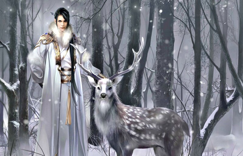 Man with Deer in Forest