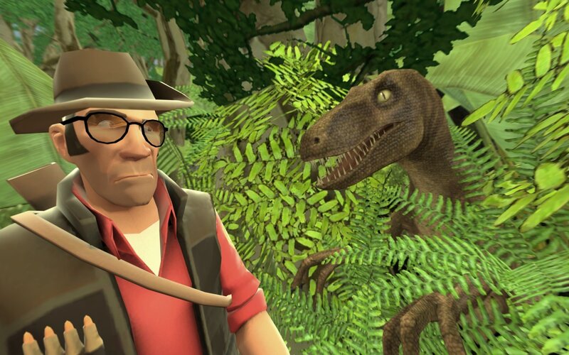 Man with dinosaur in jungle