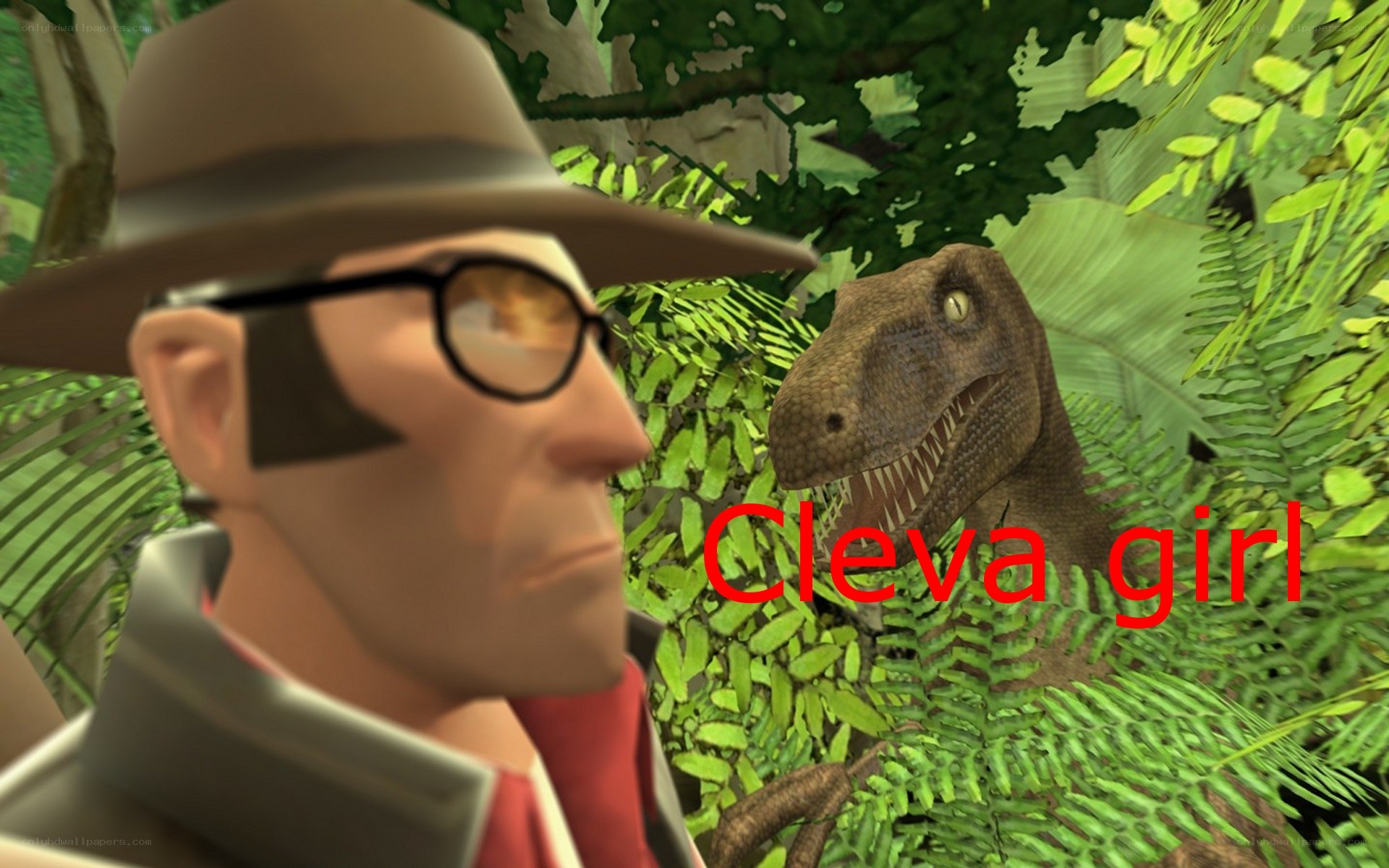 Man with dinosaur in jungle