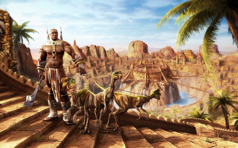 Man with Dinosaur-like Creatures — Brown, Adventurous