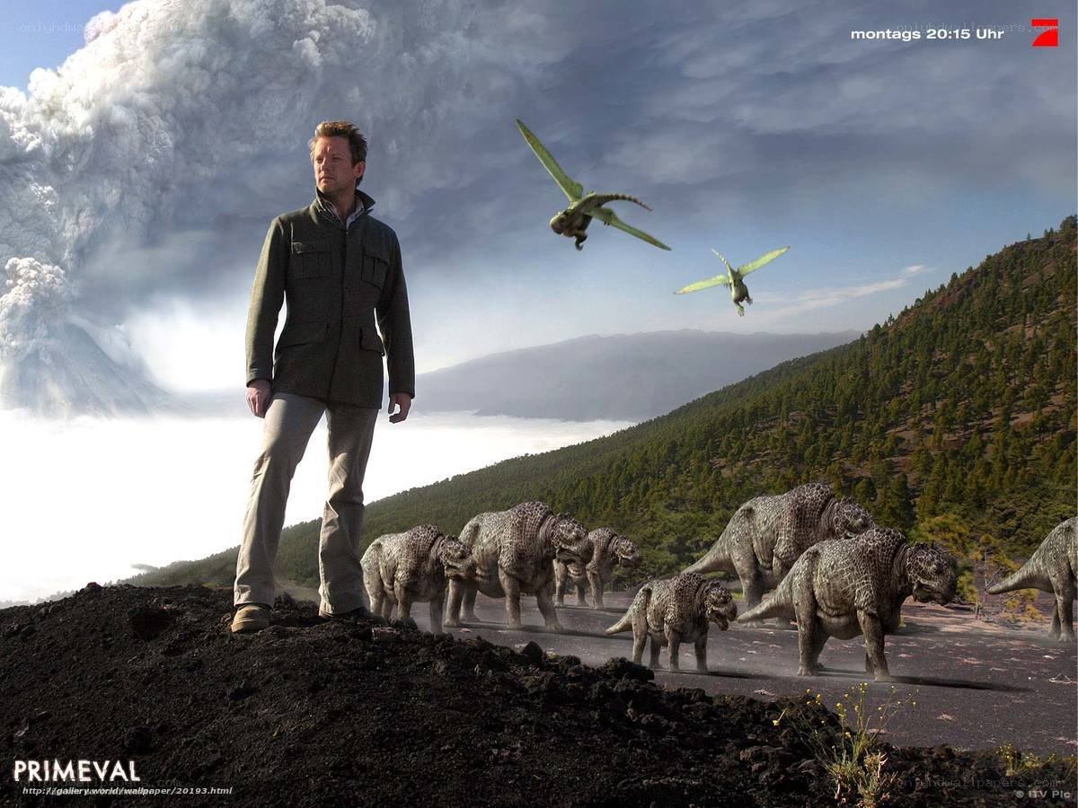 Man with dinosaurs on volcano