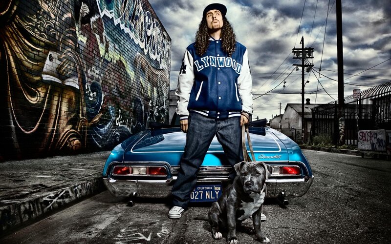 Man with dog and classic car