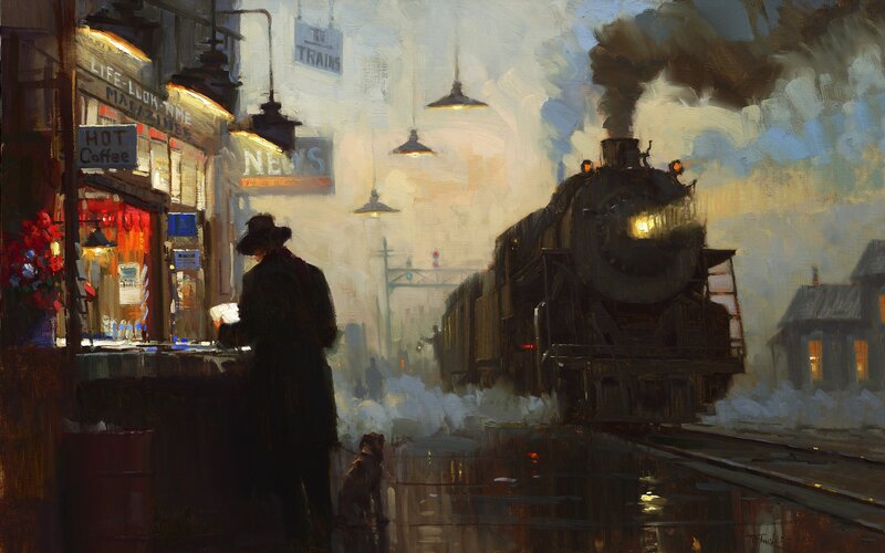 Man with Dog at Train Station — Brown, Dramatic, Night, Painting