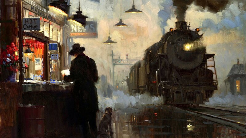 Man with Dog at Train Station — Brown, Dramatic, Night