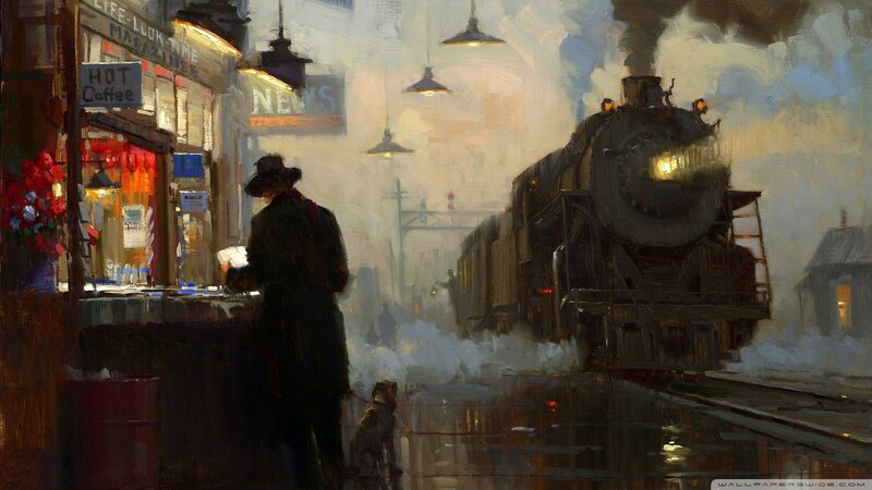 Man with Dog at Train Station — Brown, Dramatic