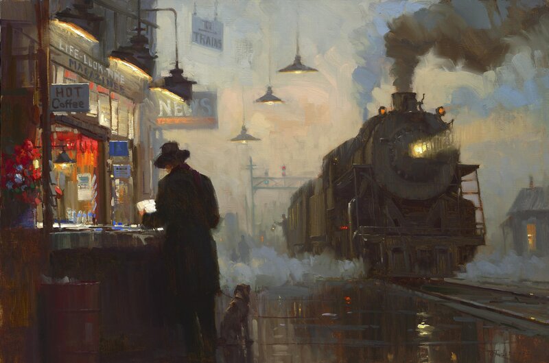 Man with Dog at Train Station — Brown