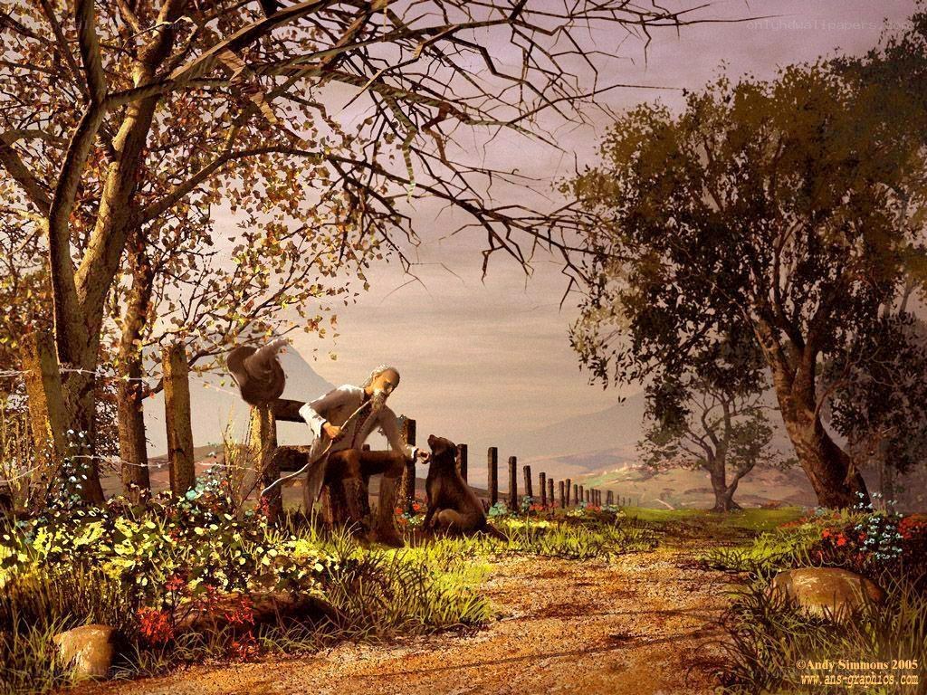 Man with dog in autumn landscape