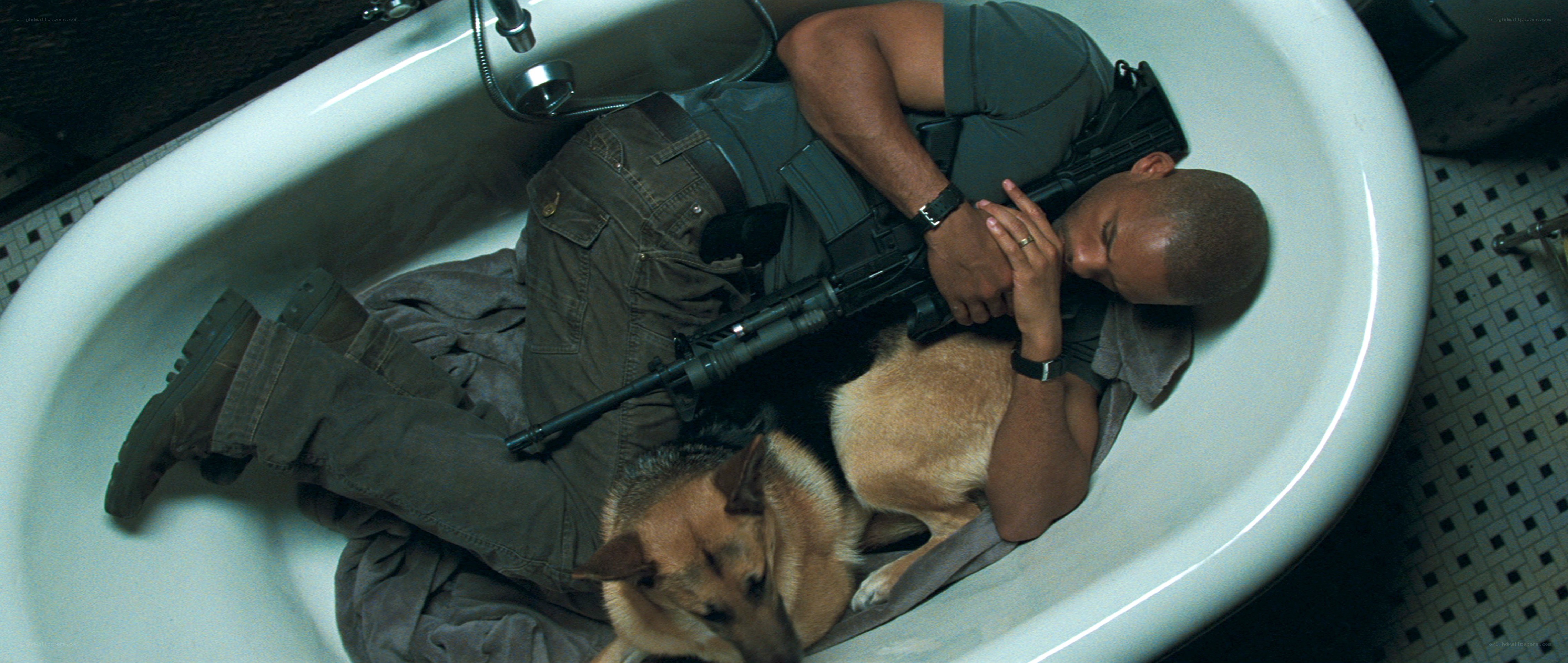 Man with dog in bathtub