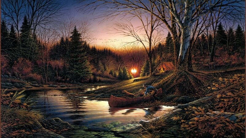 Man with Dog in Canoe — Orange, Serene