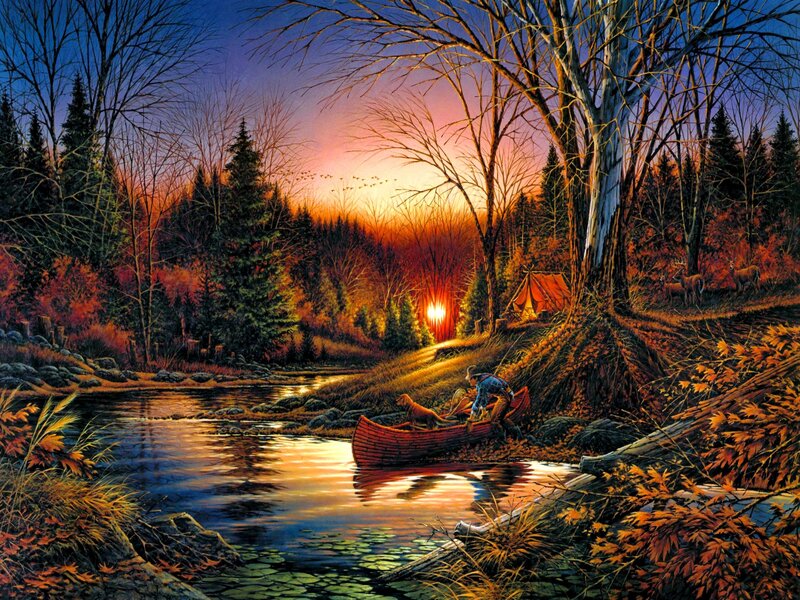 Man with Dog in Canoe — Orange