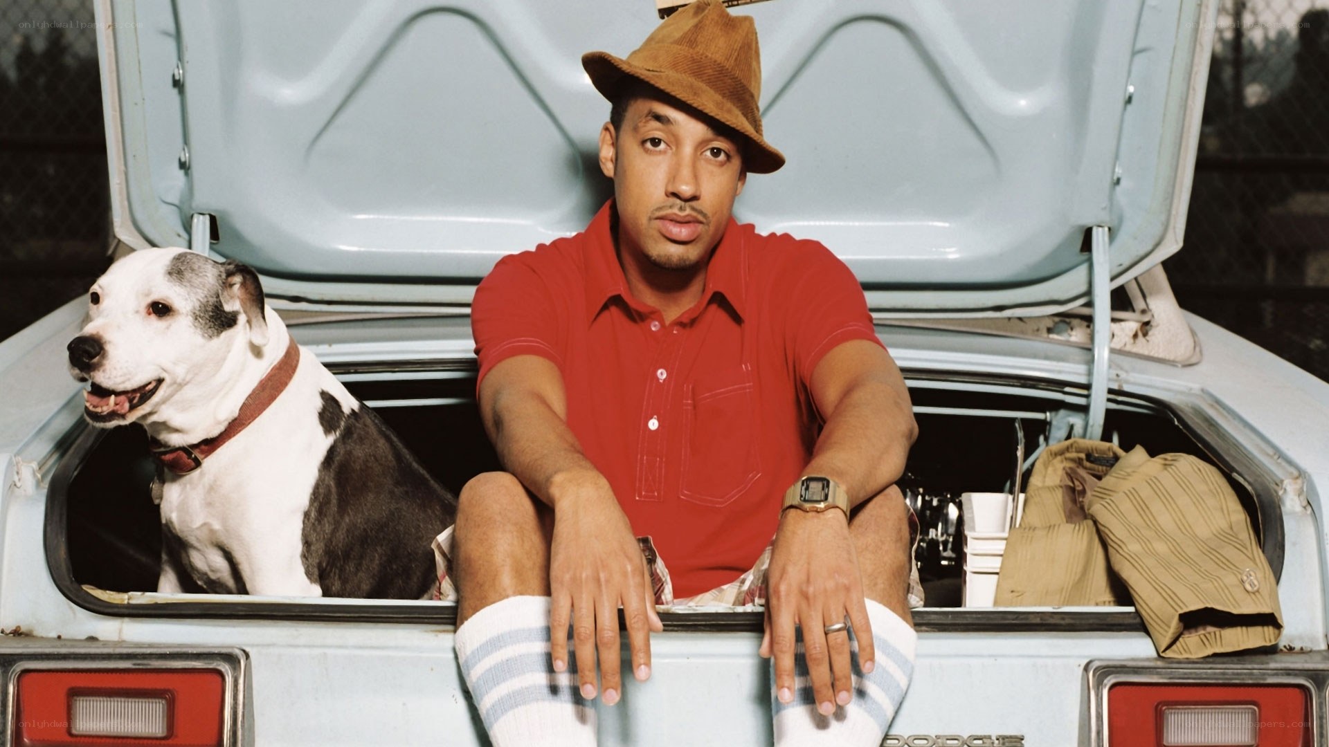 man with dog in car trunk