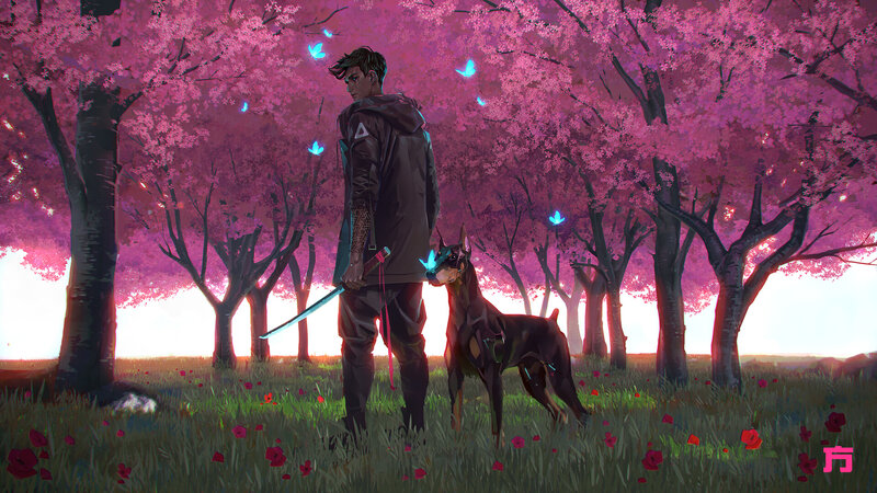 Man with Dog in Cherry Blossoms
