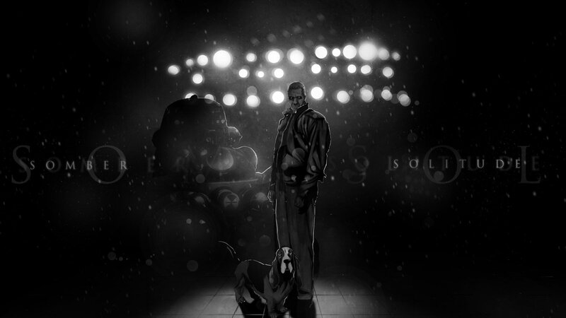 man with dog in dark room